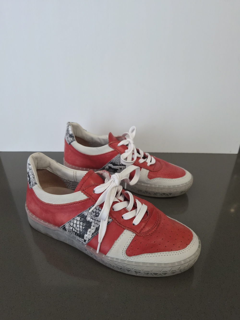 Miz Mooz Red and White Sneakers with Snake-Print Accent